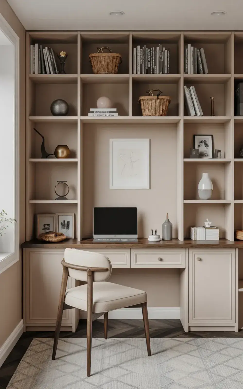 Neat home office with a built-in desk, bookshelves, and decorative items.