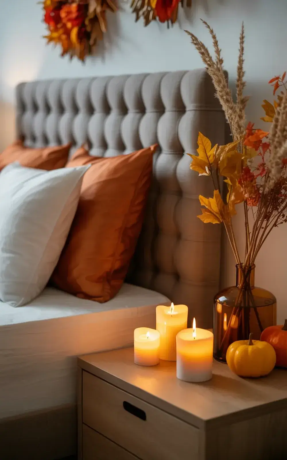 Bedroom scene with lit candles, autumn decor, and pillows on a tufted headboard.