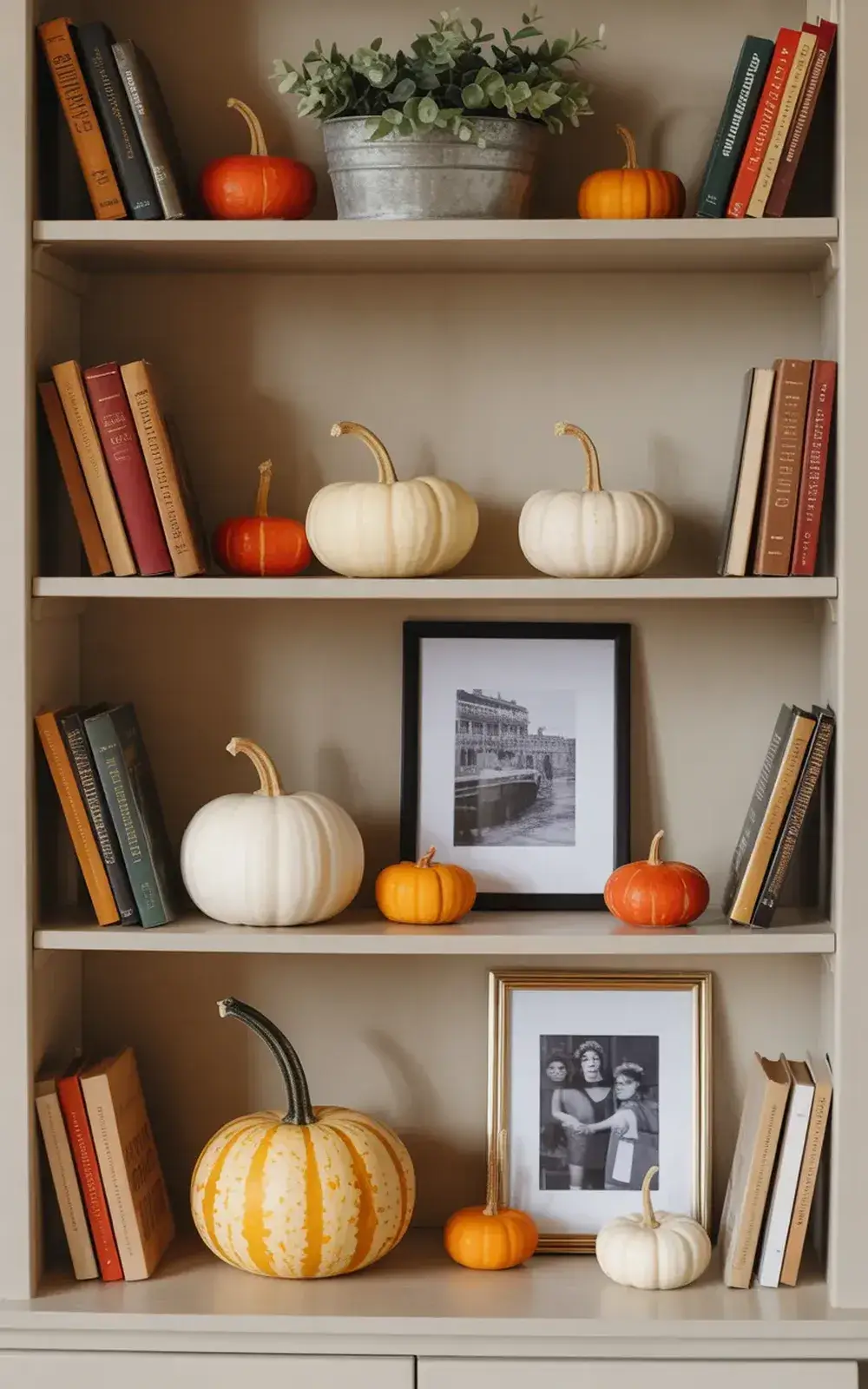 Bookshelves decorated with books and autumn-themed pumpkins, framed photos, and plants.