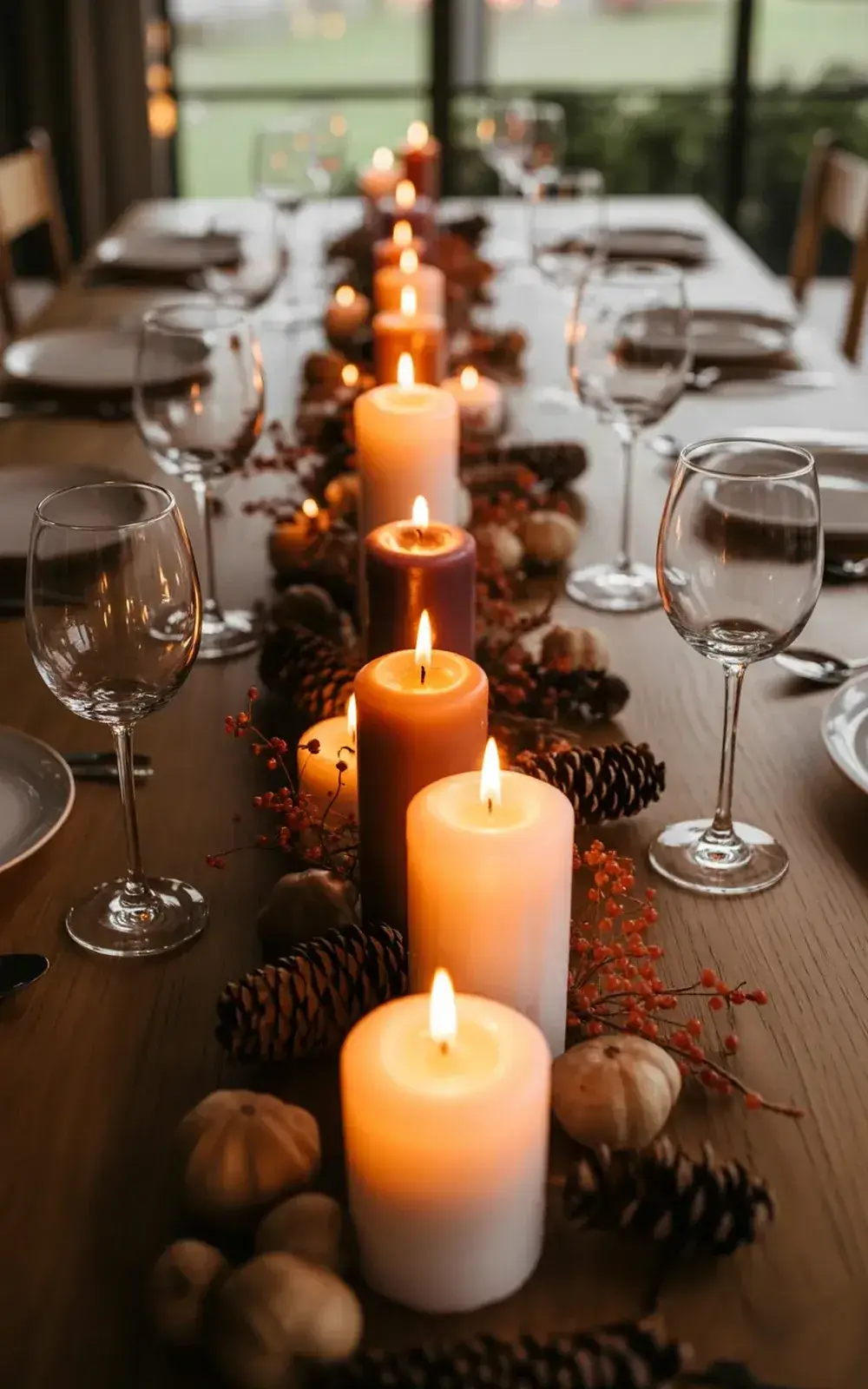 Elegantly set table with lit candles and wine glasses.