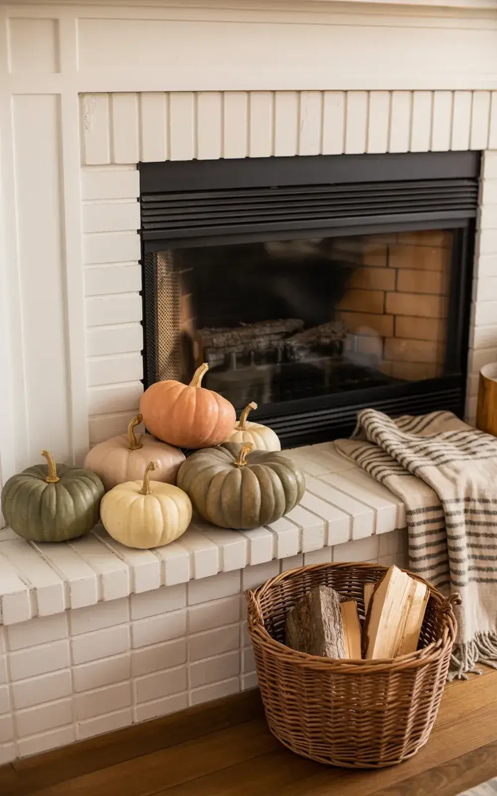 A cozy fireplace with pumpkins on the mantle and a basket of firewood in front.