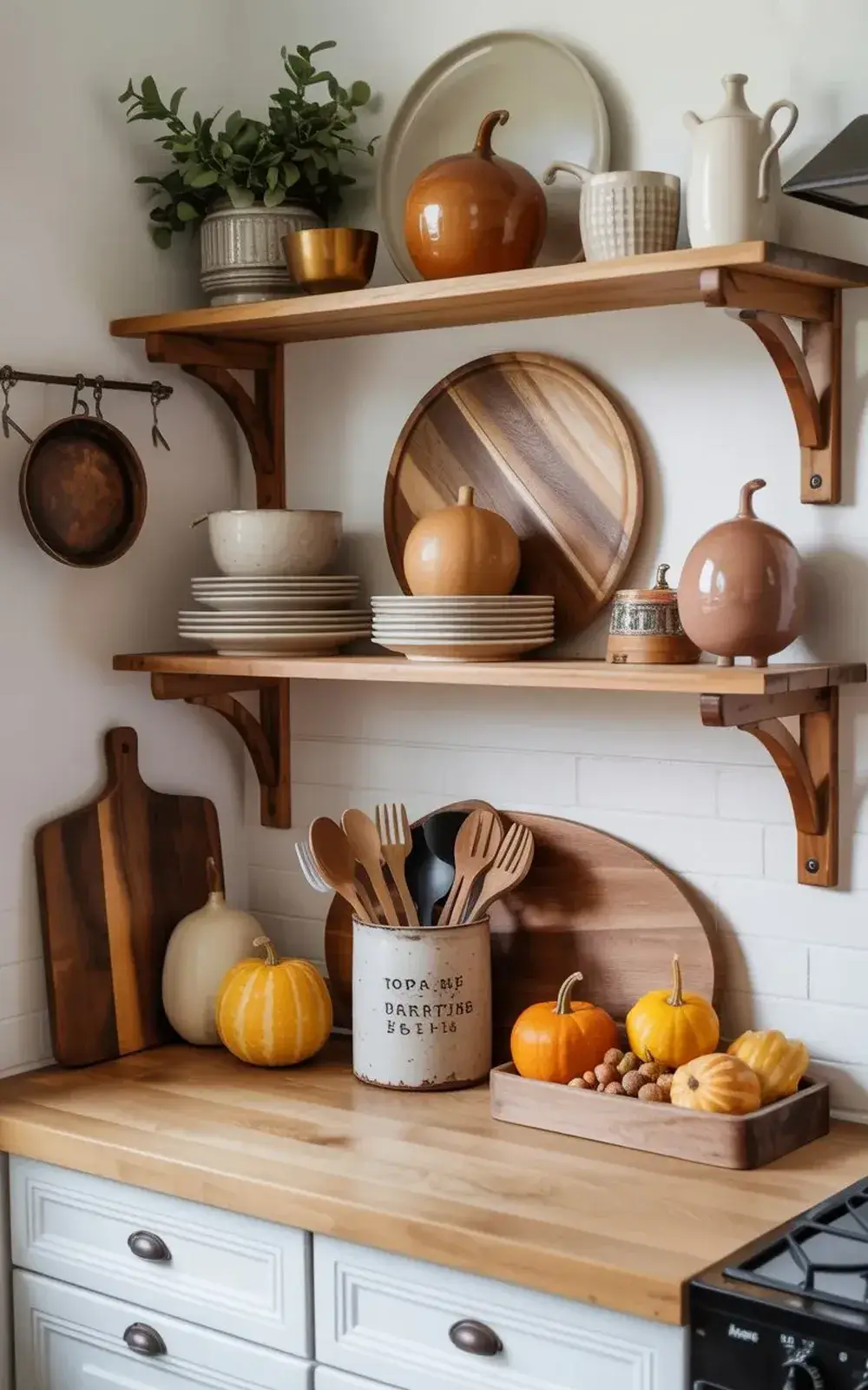 Wooden shelves in a kitchen displaying plates, wooden pumpkins, cutlery, and decorative items.