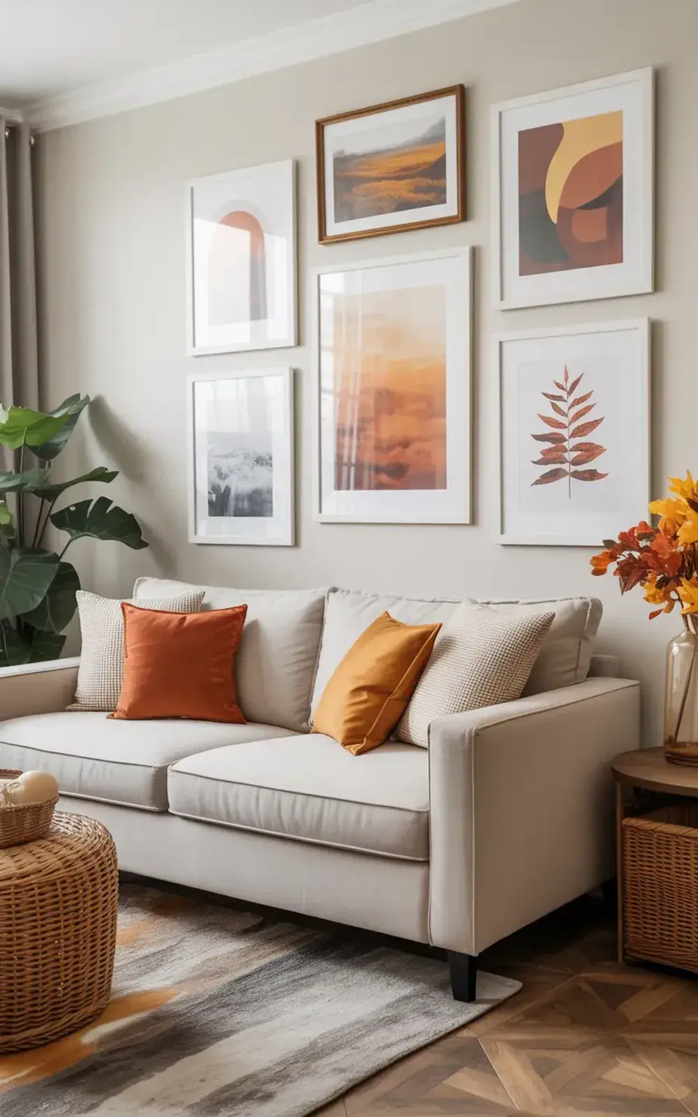 A cozy living room with a white sofa, decorative pillows, and framed art on the wall.