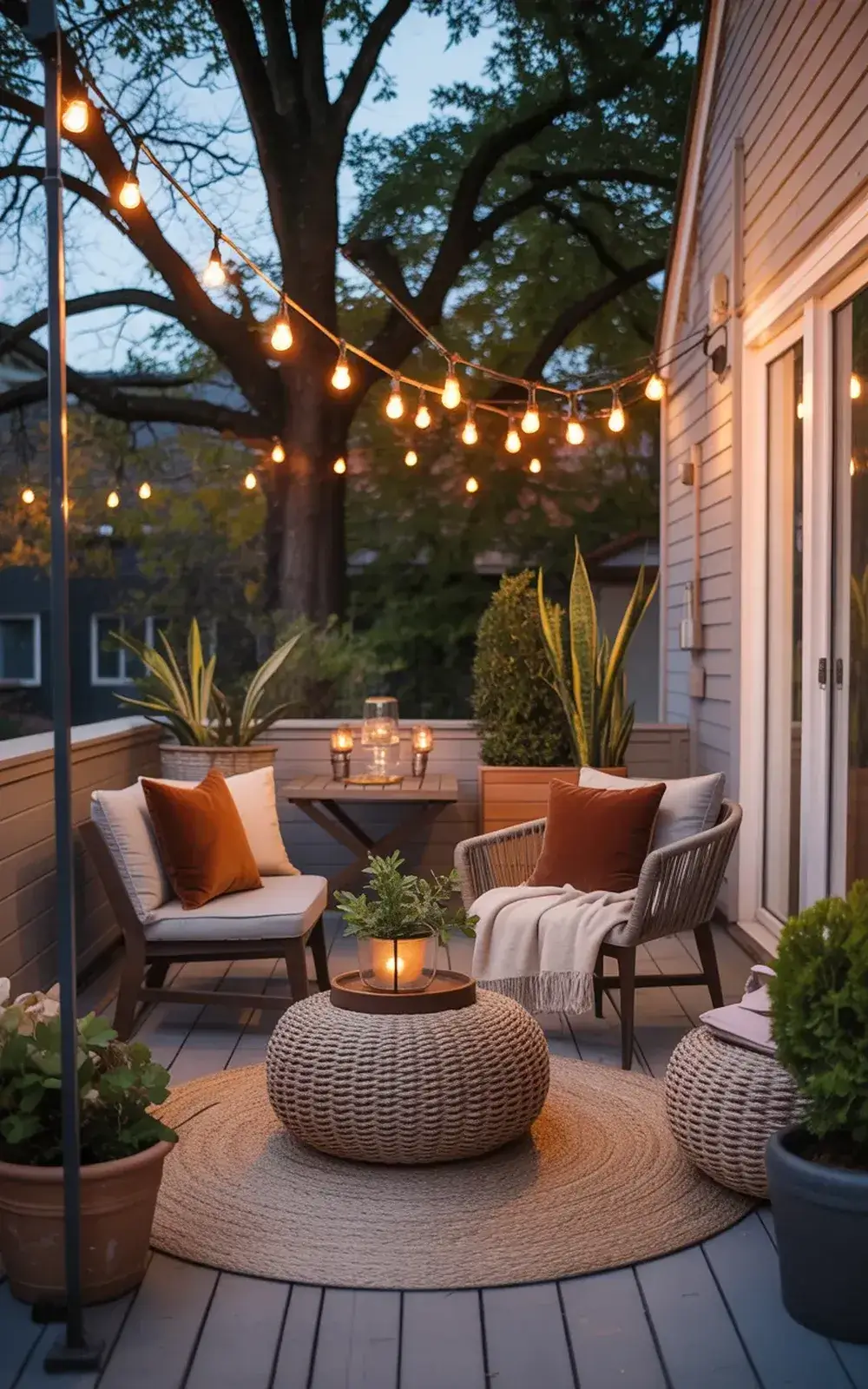 Cozy outdoor patio seating area with string lights and potted plants.