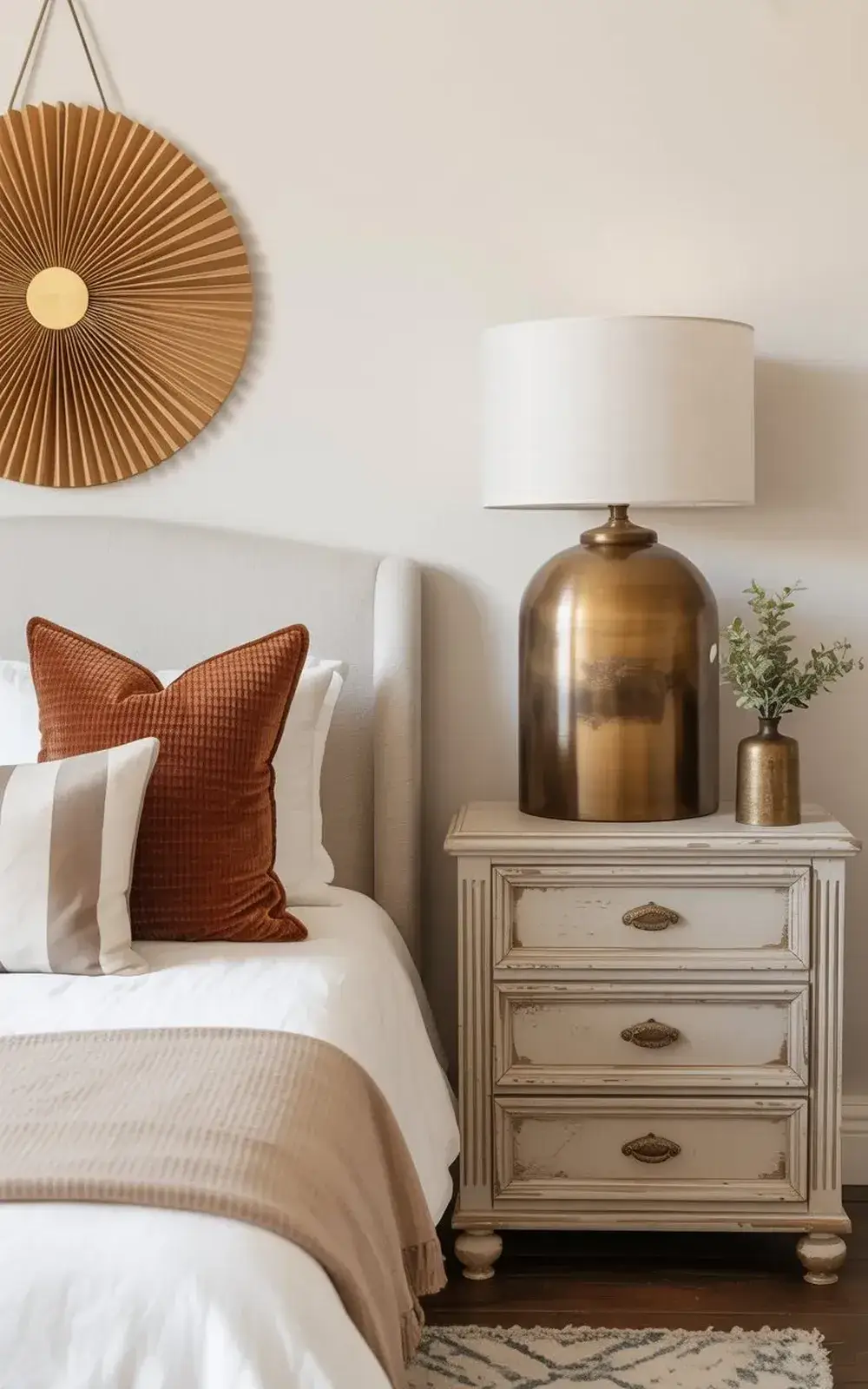Bedroom with white headboard, 받아들이ron finished side table, and decorative pillows.