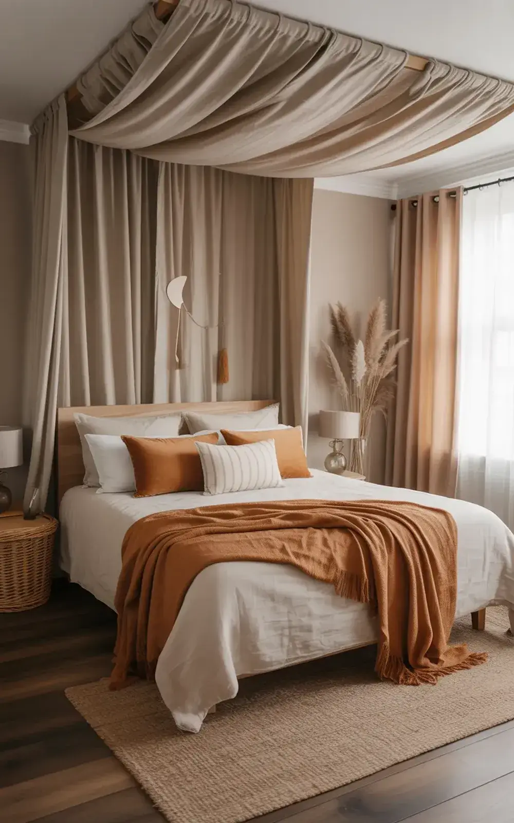 Bedroom with a canopy bed, orange and white bedding, and a large window.