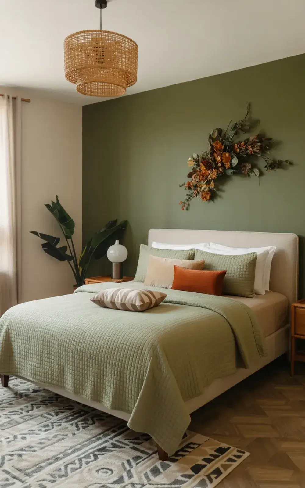 A neatly made bed with patterned bedding in light green tones, accent pillows, and a botanical wall art in a serene bedroom.