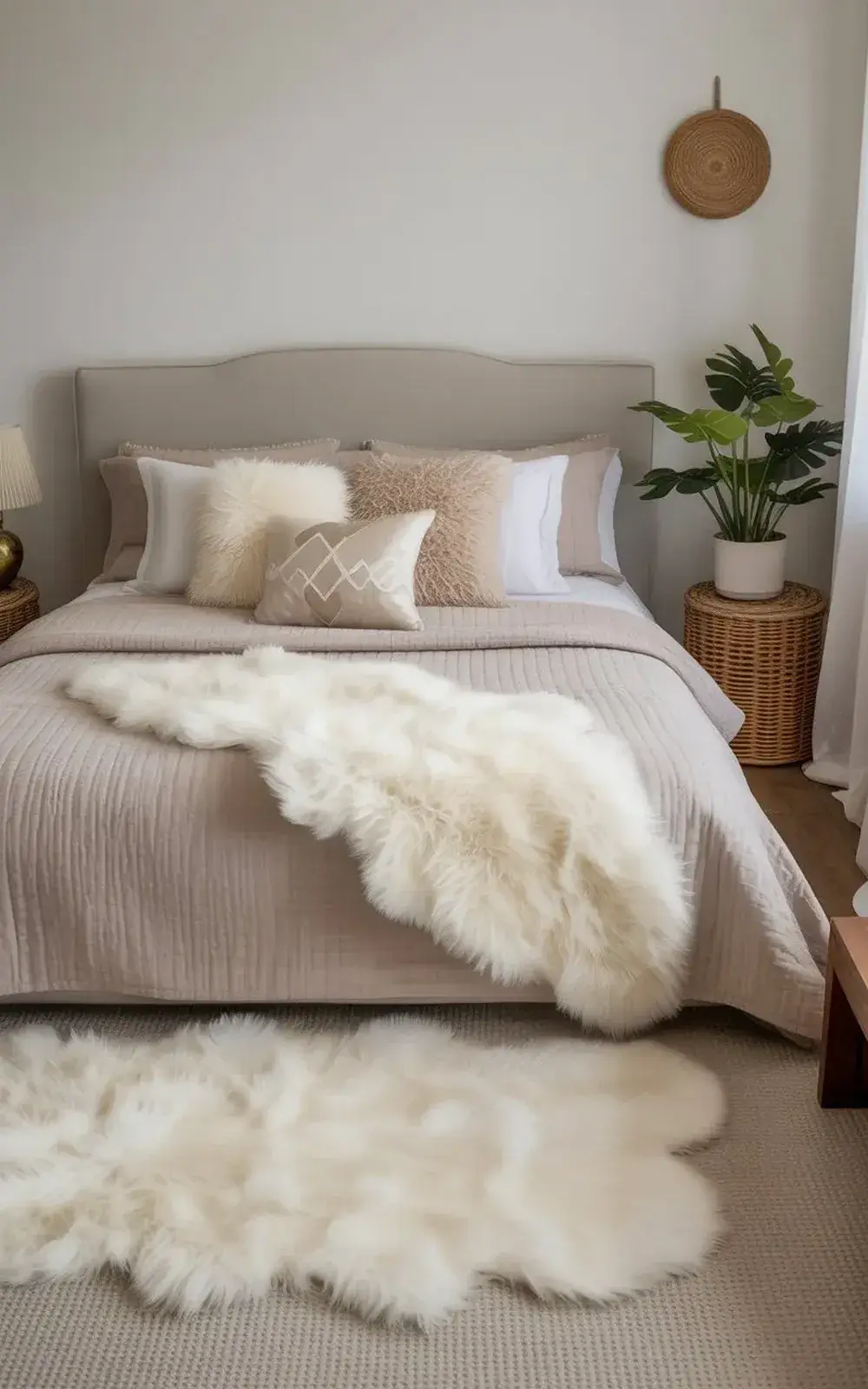 Neutral-toned bedroom with a cozy bed, fluffy throws, and potted plant on a side table.