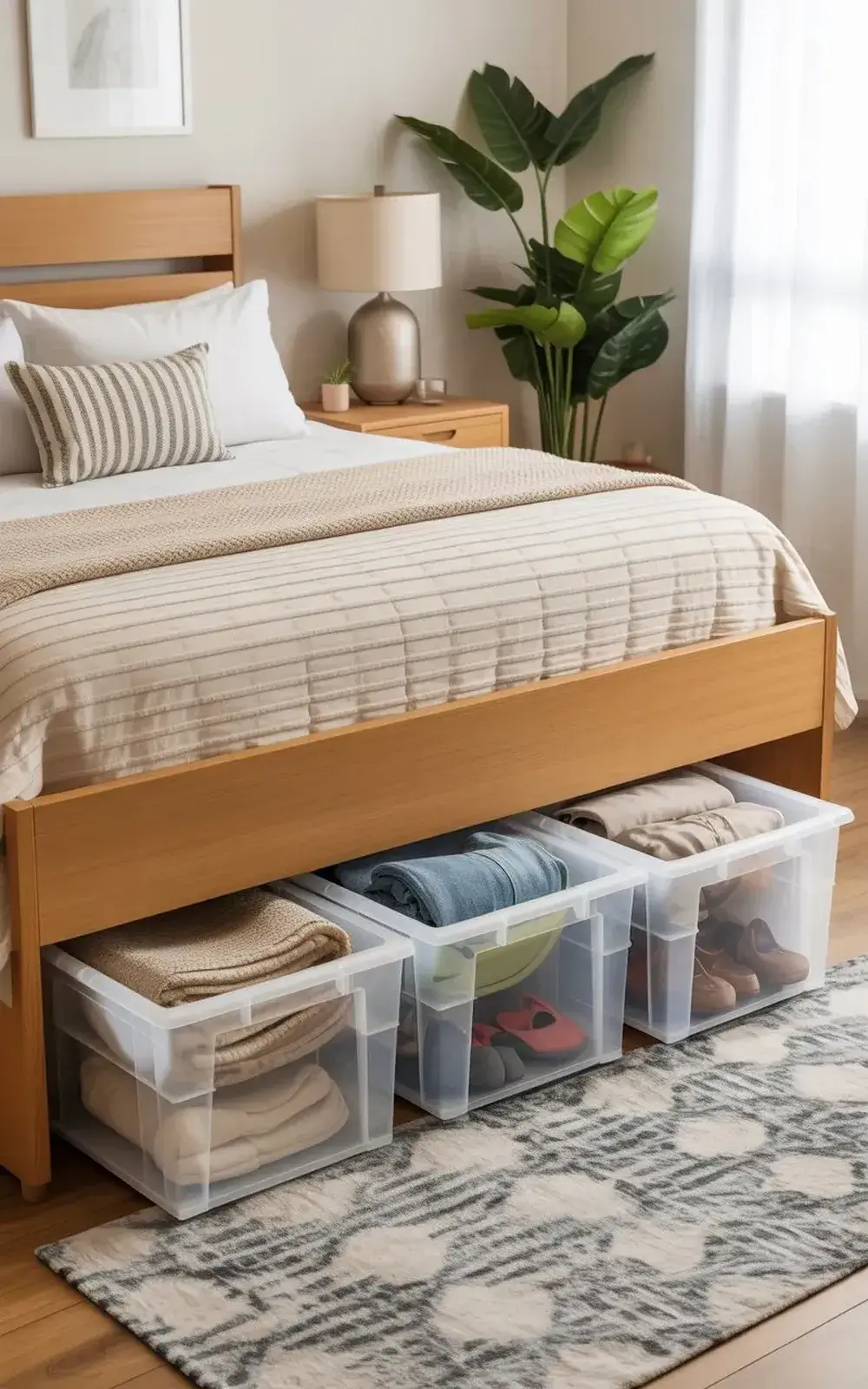 Neatly made bed with storage containers underneath and nightstands beside it.