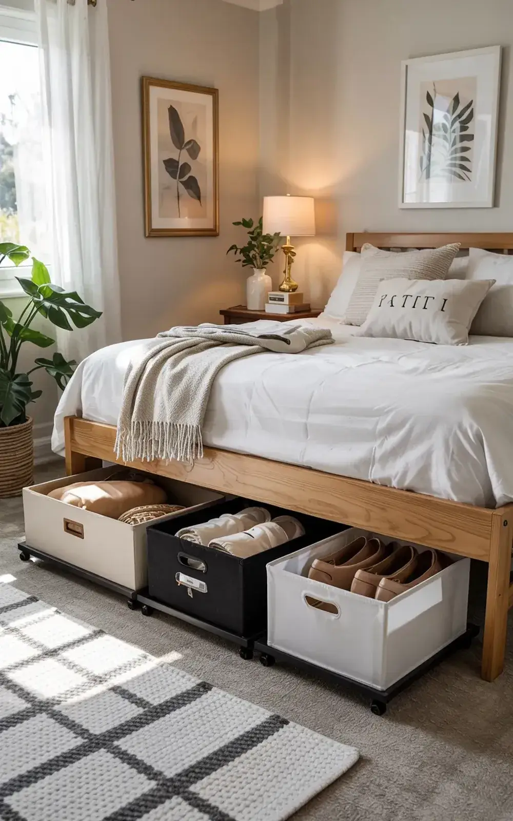Cozy bedroom with white bed and under-bed storage, natural light, and decor.