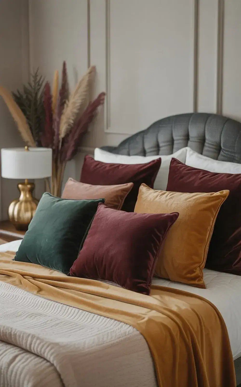 Part of a bed with gold bedspread, a few colorful pillows, and a gold lamp nearby on nightstand.