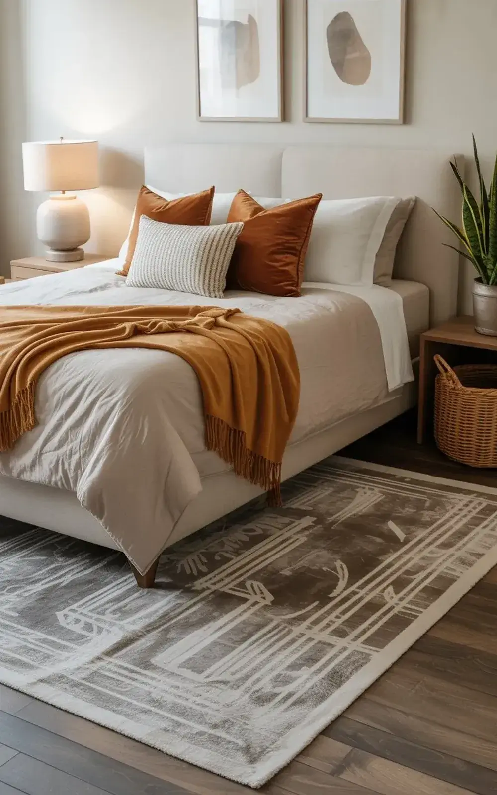 A neatly made bed with rustic decor next to a nightstand and lamp.