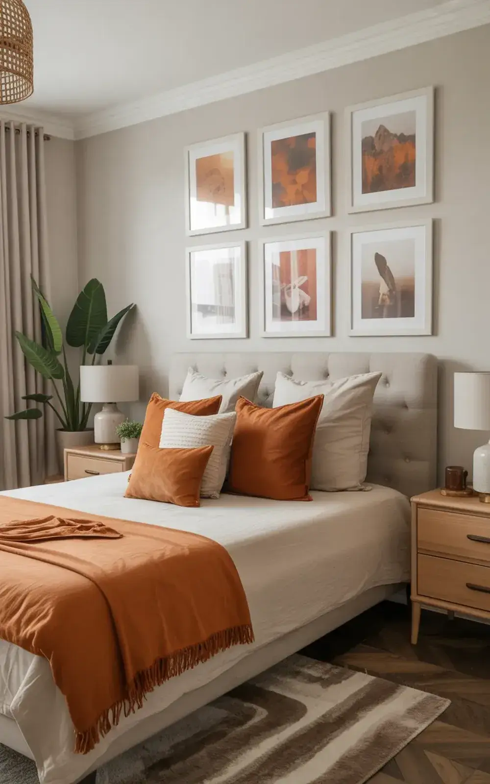 Cozy bedroom with framed art on the wall, a neatly made bed, and bedside tables.