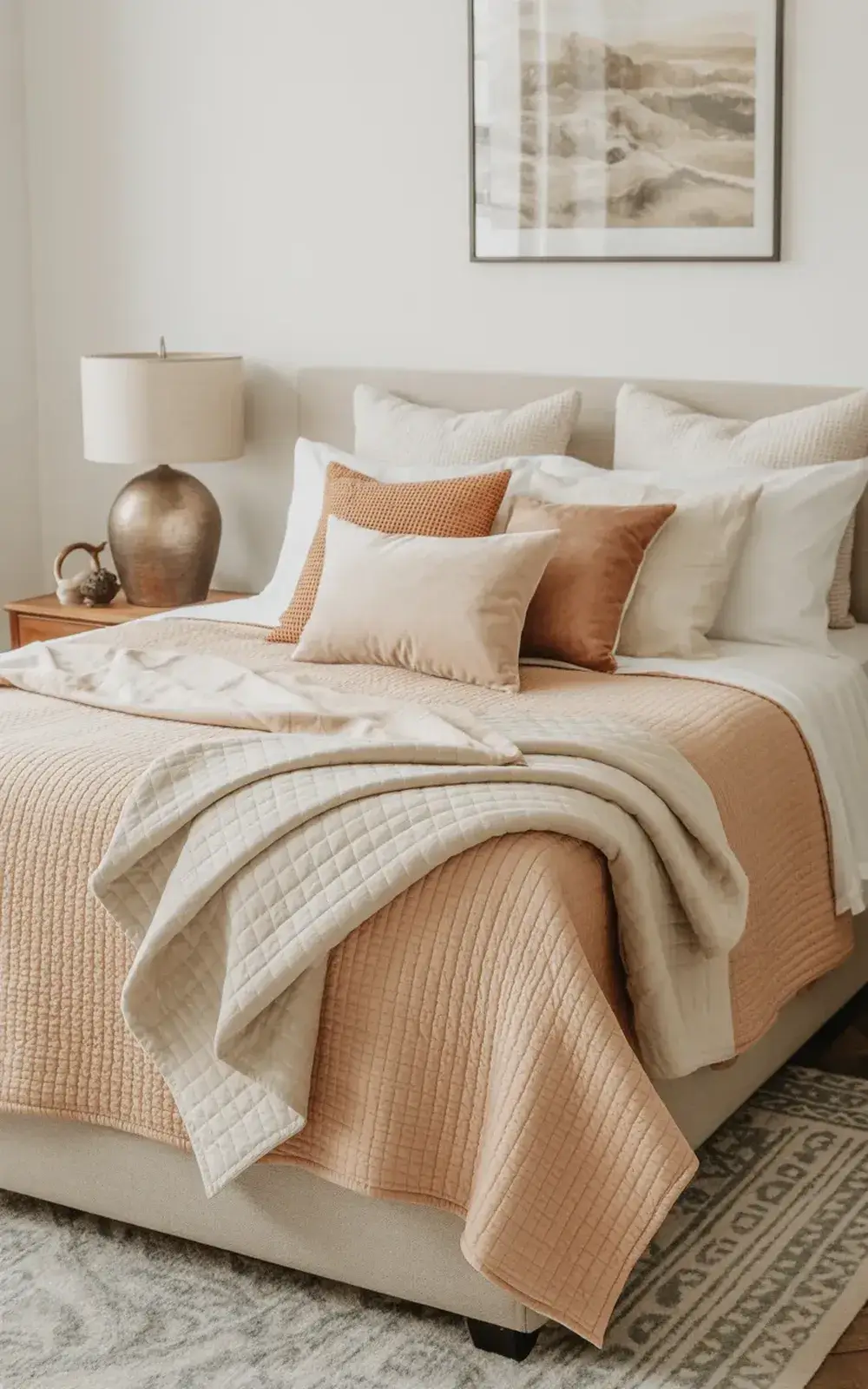 Neutral bedroom with white bedding and various shades of peach pillows and blankets, the headboard has a white nightstand with a lamp and copper vase, has a seascape framed art on the wall above.