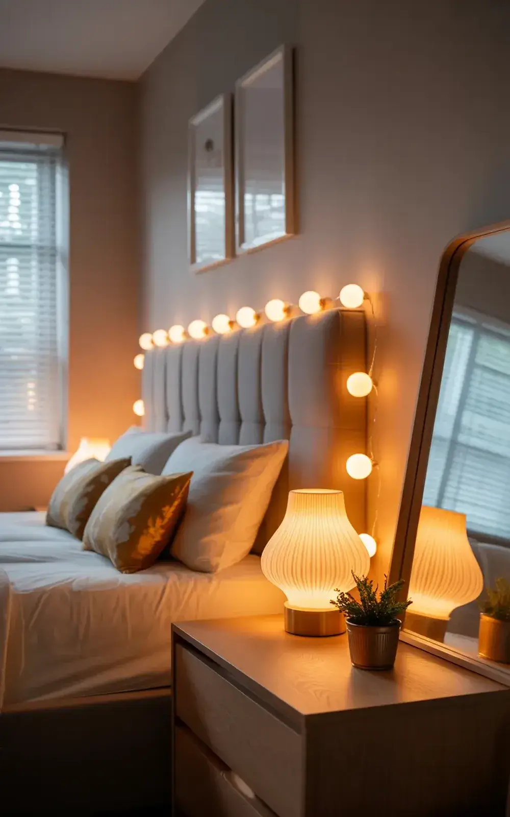 A cozy bedroom with warm lighting and decorated headboard, bed, nightstand, and mirror.
