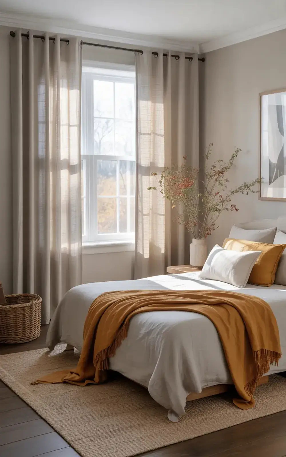 A cozy bedroom with a neatly made bed with white and yellow bedding, natural light from large windows with sheer curtains, and a potted dry plant on the nightstand.