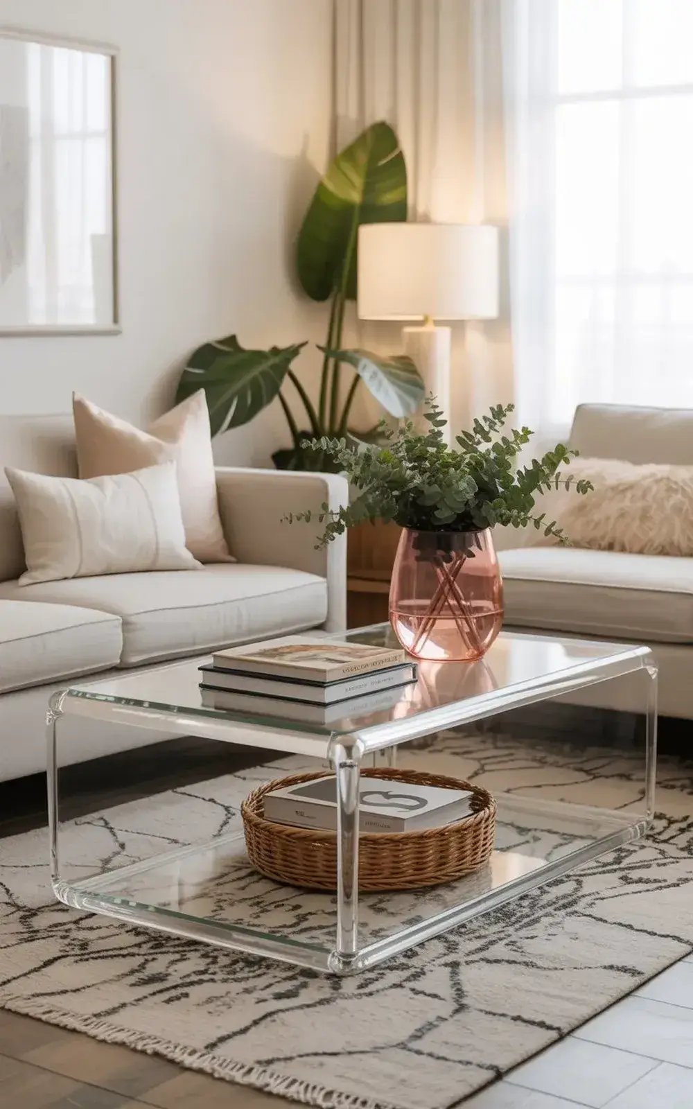Modern living room with white sofa, glass coffee table, and indoor plants.