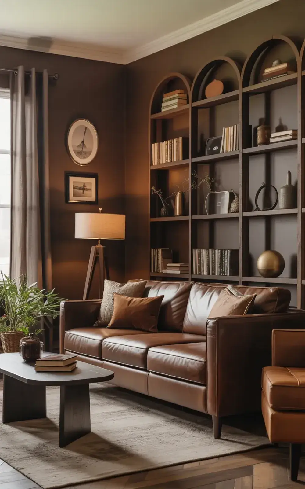 Cozy living room with brown leather sofa, bookshelf, and floor lamp.