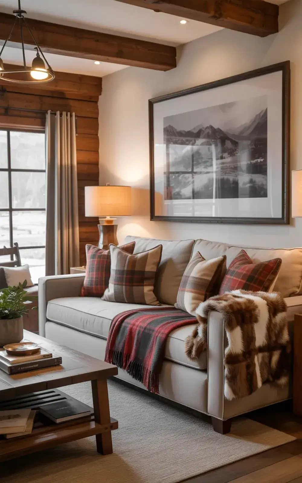 Cozy living room with a white couch, plaid throw blanket, wooden and metal coffee table, and a black and white mountain landscape picture on the wall.
