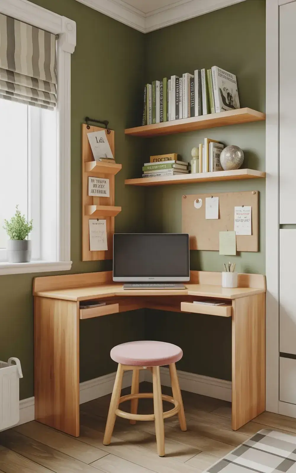 Corner workspace with a wooden desk, computer monitor, shelves with books, decorative items, and a pink stool.