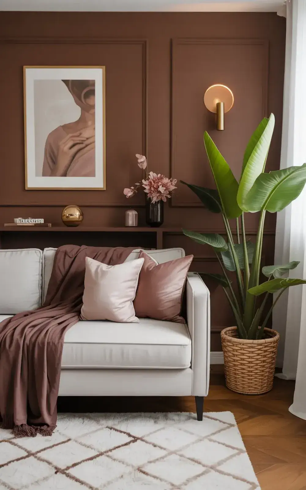 Cozy living room with white sofa, decorative plant, artwork, and cushions in warm tones.