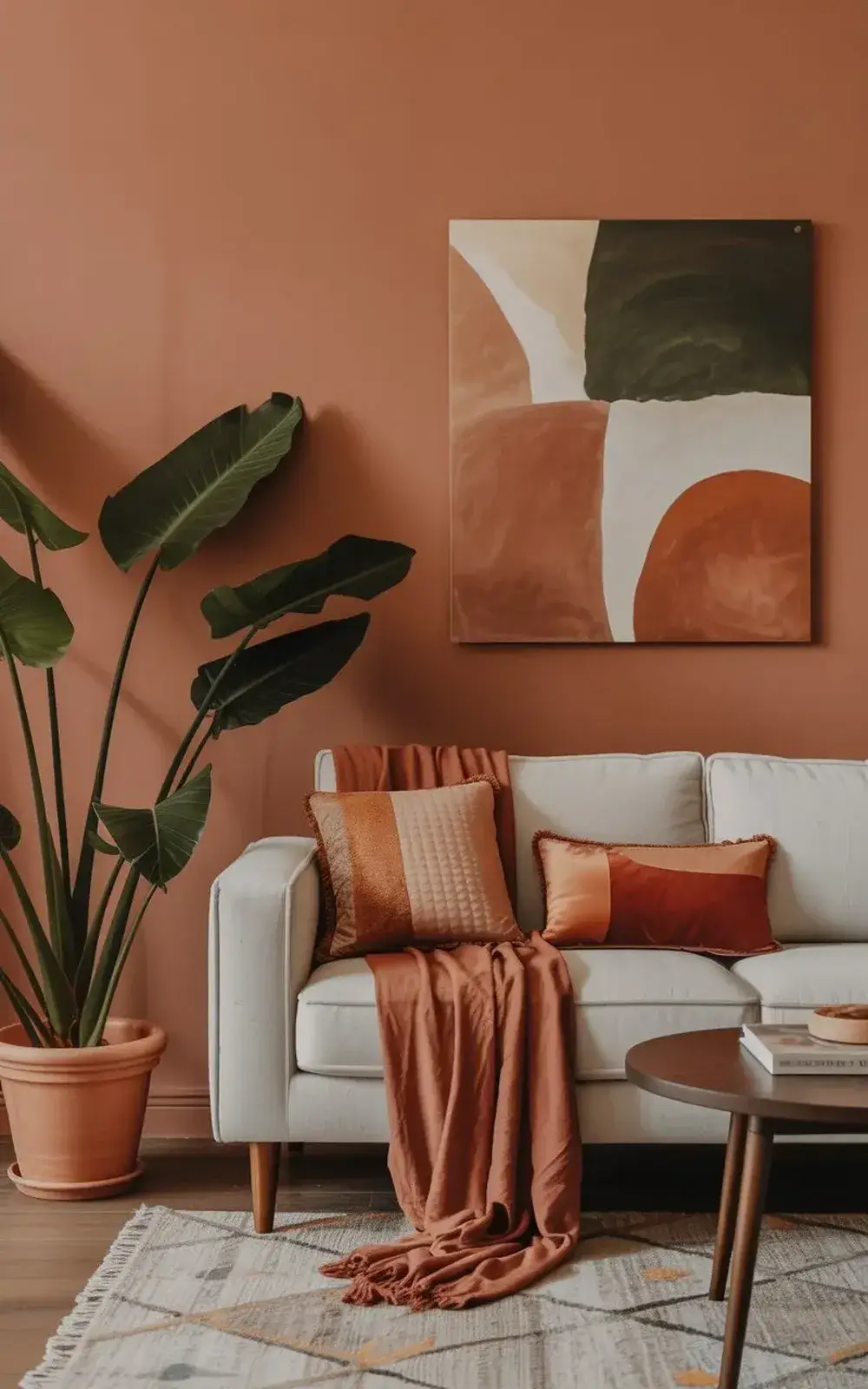 A cozy living room with an orange wall, an abstract painting, white couches, and a terracotta plant