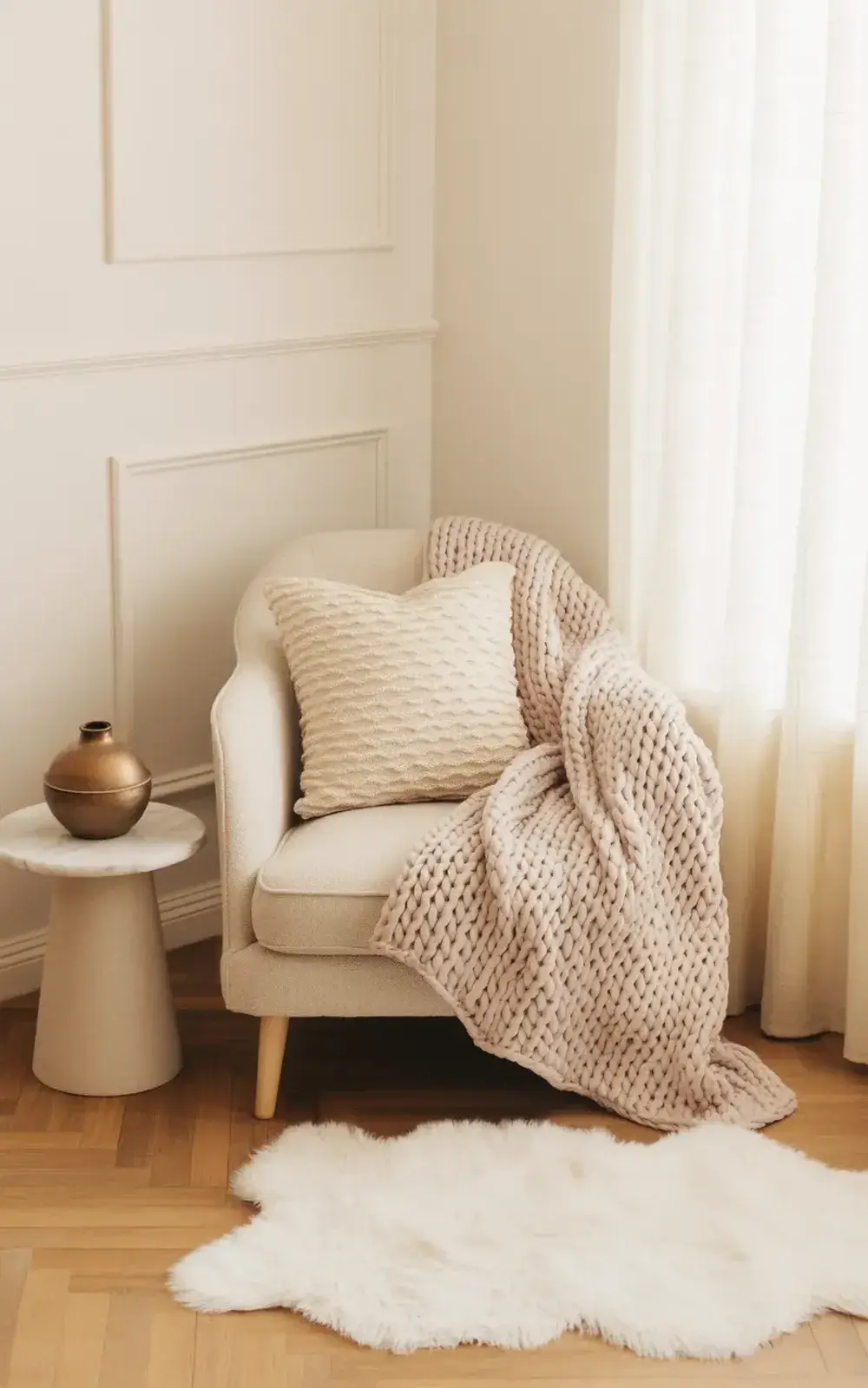 Cozy white armchair in a sunny room with a knit blanket and pillows.