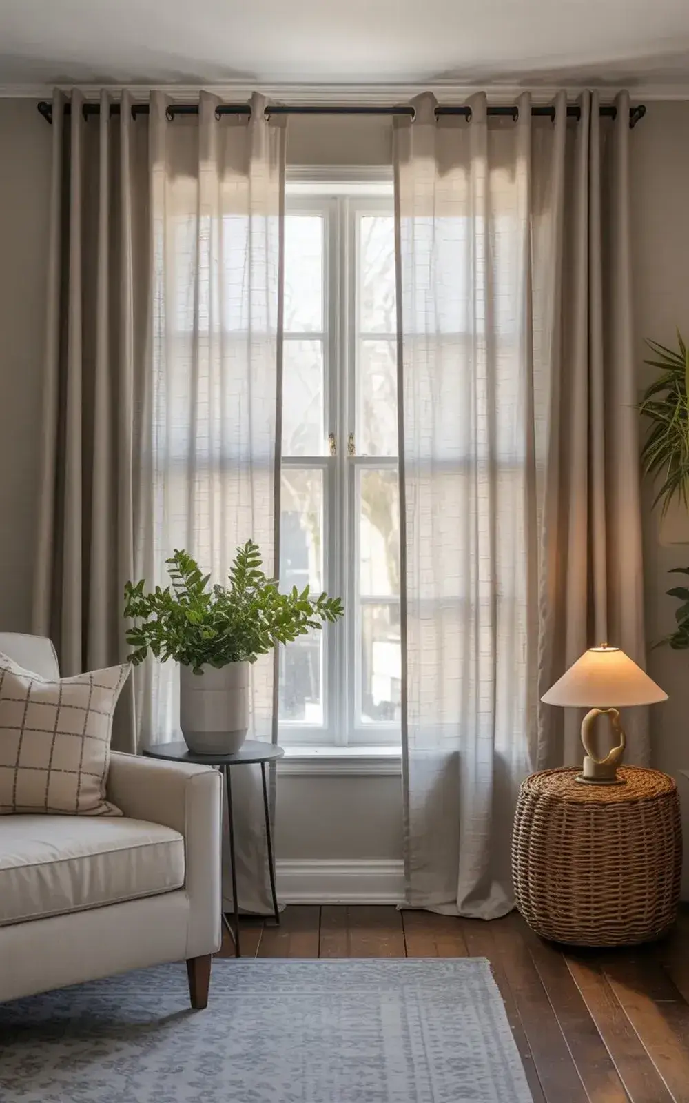 Corner of a living room with light-colored armchair, floor lamp, plant, and window decor