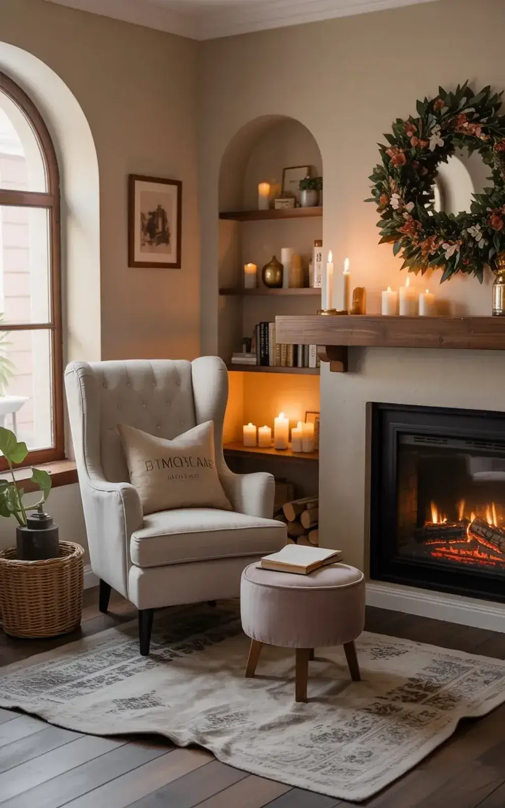 Cozy living room with an armchair, fireplace, candles, and a decorative wreath.