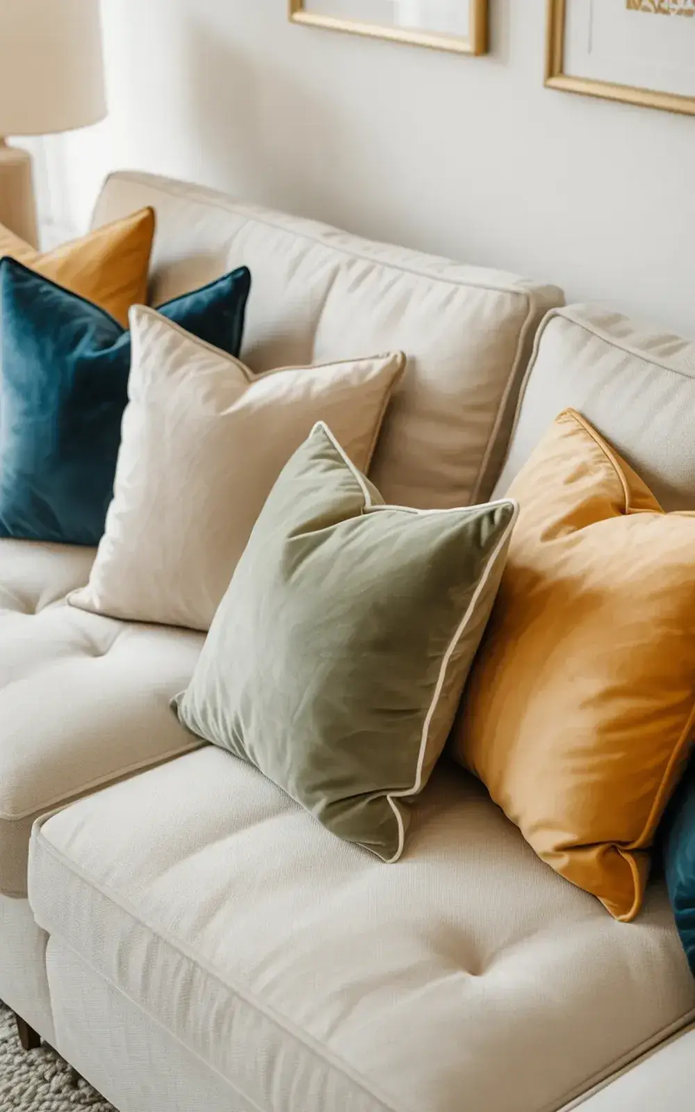 White sofa with colorful cushions in beige, green, yellow, and blue