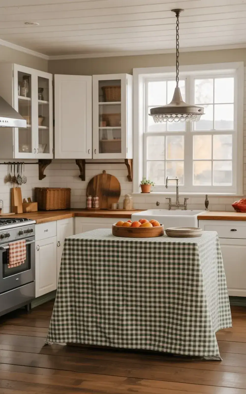 Cozy kitchen with plaid tablecloth, fruit bowl, and rustic decor.