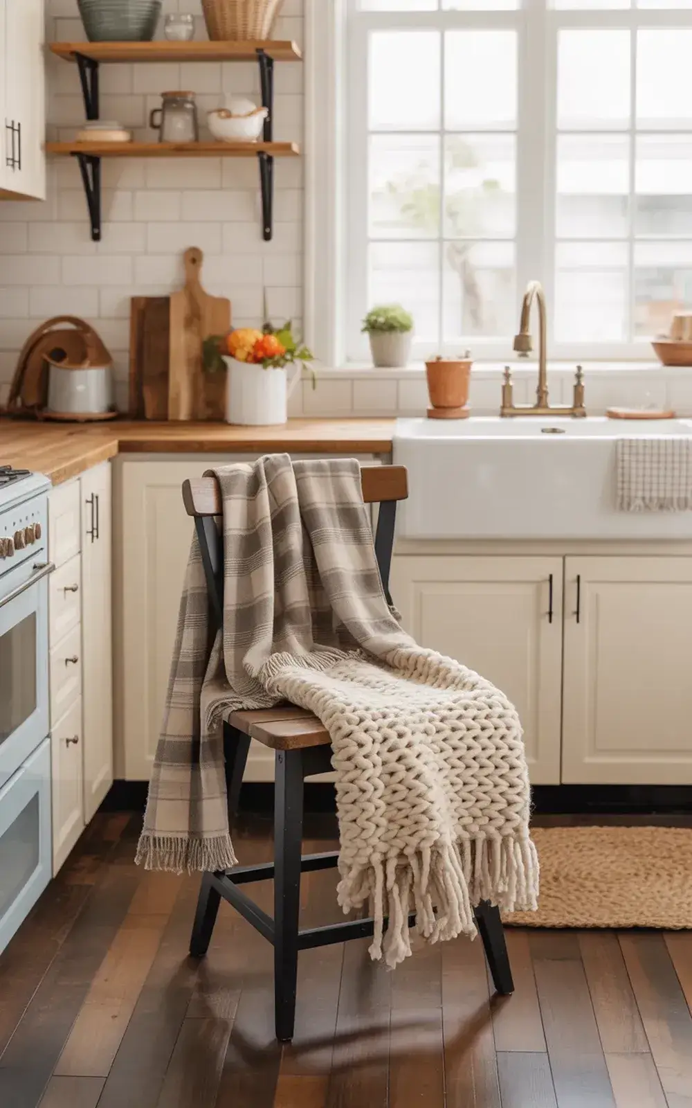 Wooden and black kitchen barstool draped with two cozy blankets in a rustic kitchen.