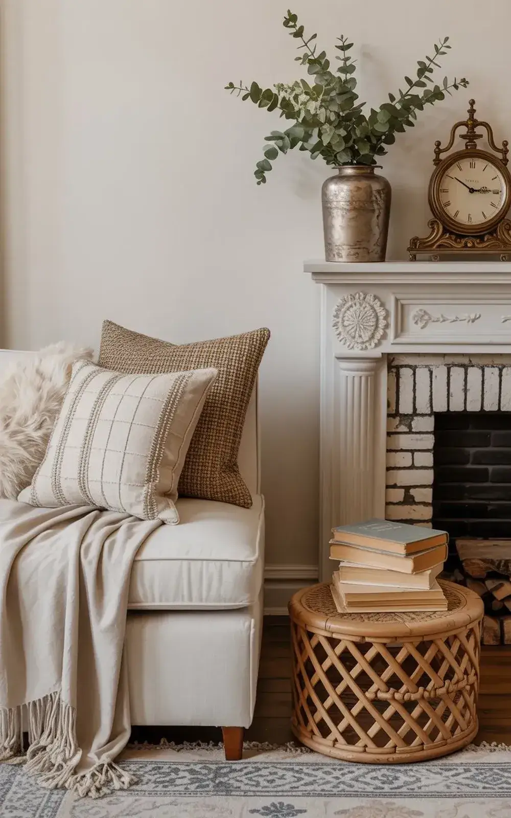 Cozy living room with white armchair, floral decorative pieces, books, and a fireplace.