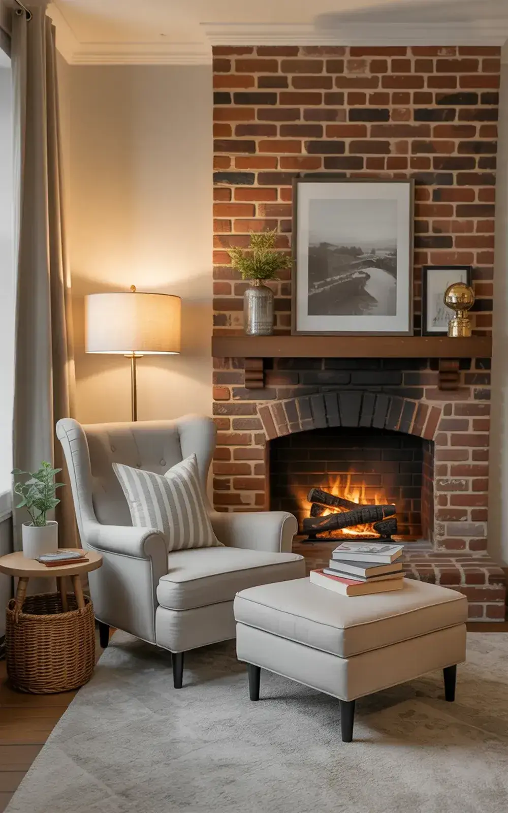 Cozy living room with lit fireplace, armchair, side table, and ottoman.
