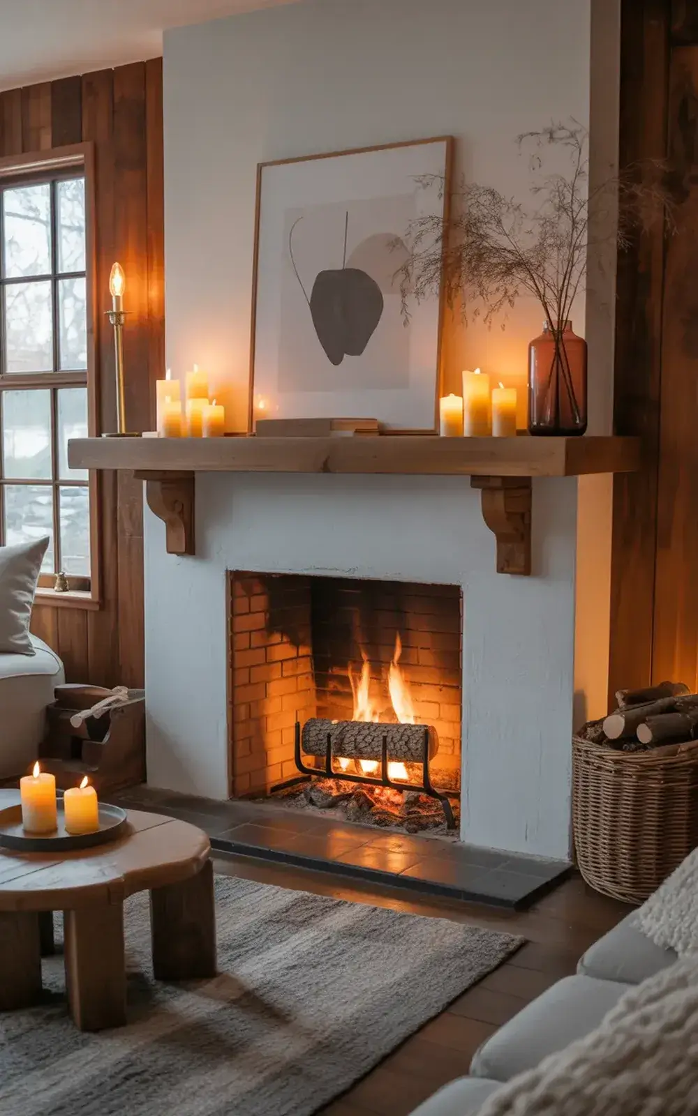 Cozy living room with a lit fireplace, candles, rustic decor, and a framed leaf art.