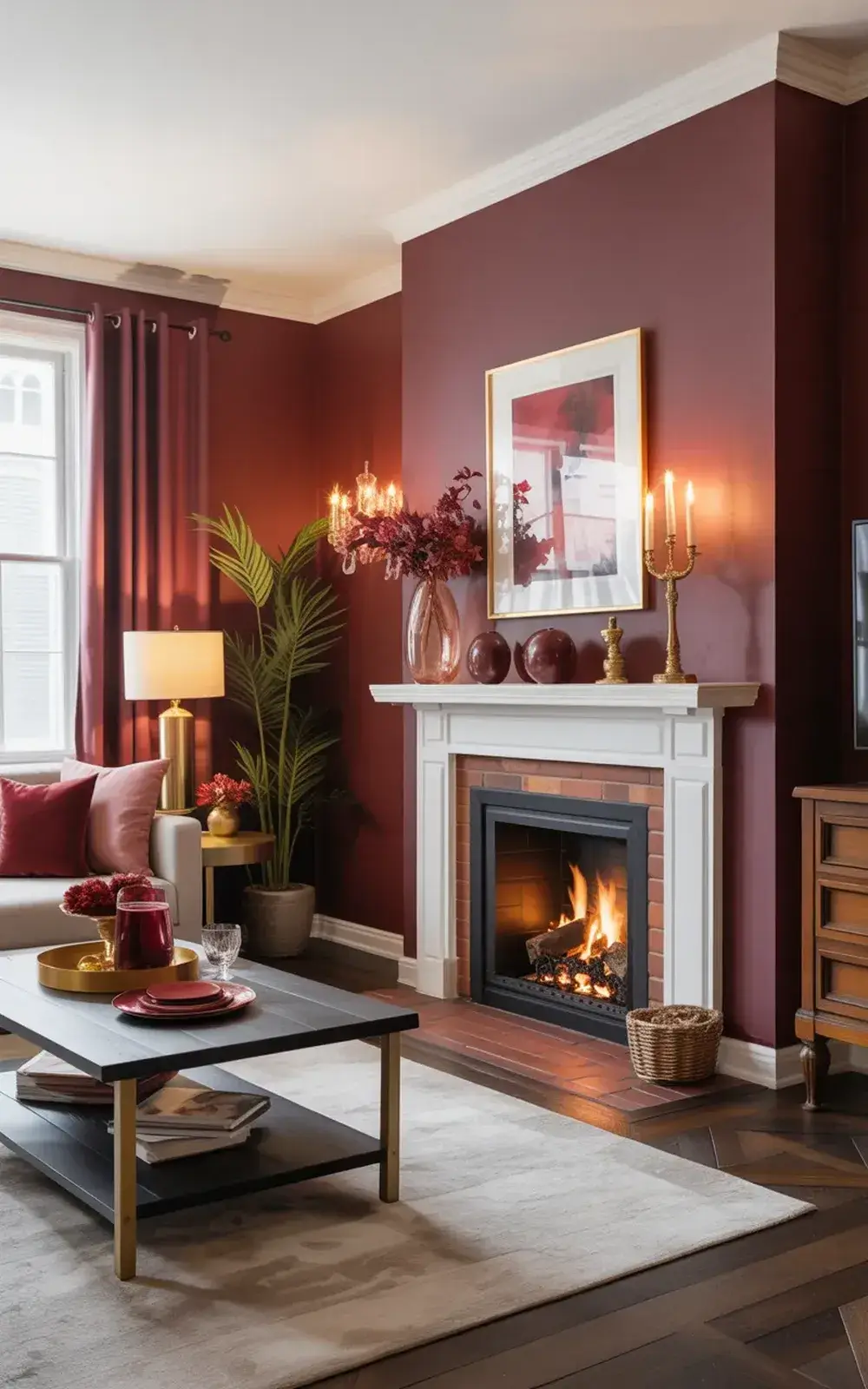 Cozy living room with lit fireplace and warm decor.