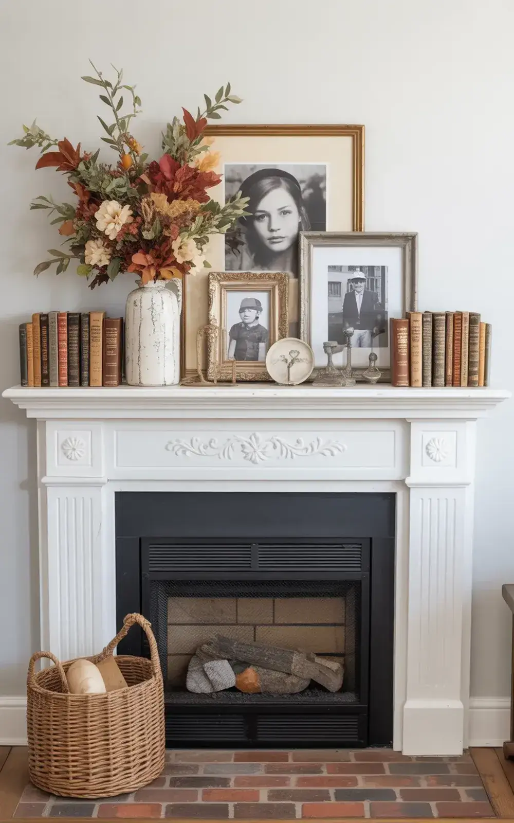 Fireplace mantel with framed photos, flowers, books, and a woven basket with seasonal decor.