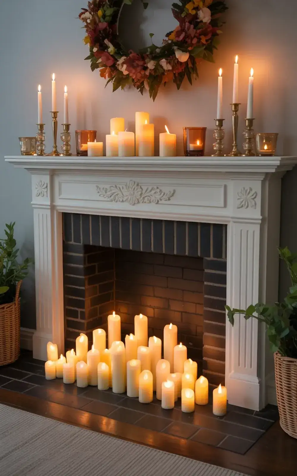 Fireplace with numerous lit candles and decorative wreath above, flanked by potted plants.