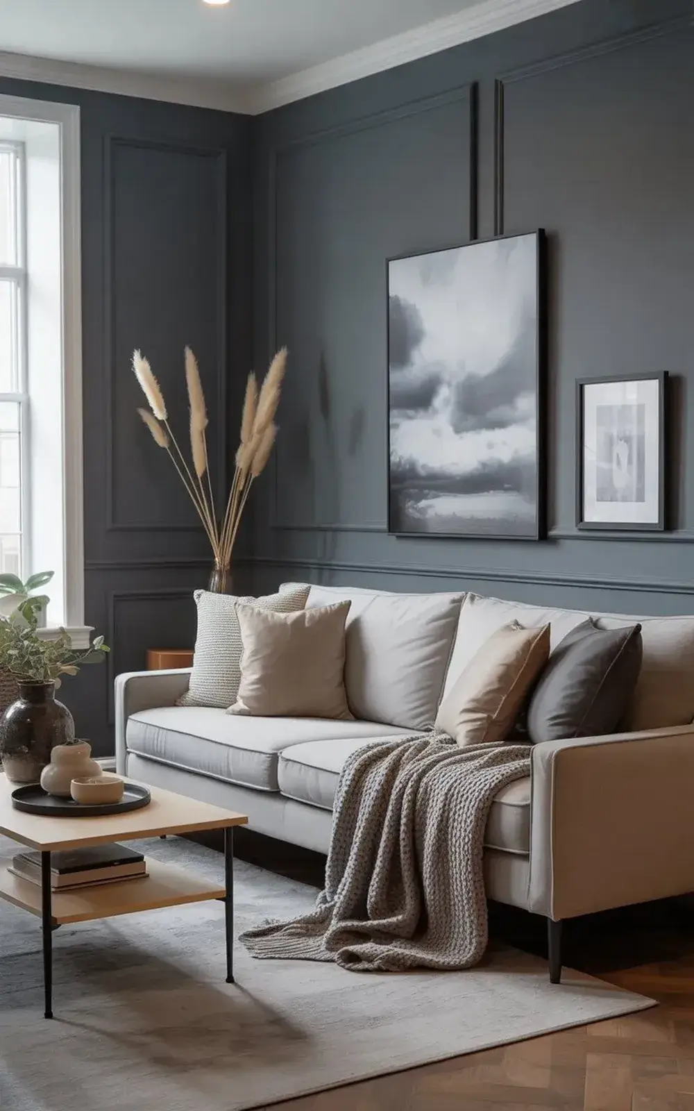 A cozy living room with a gray sofa, cushions, and a blanket, featuring wall art and natural decor.