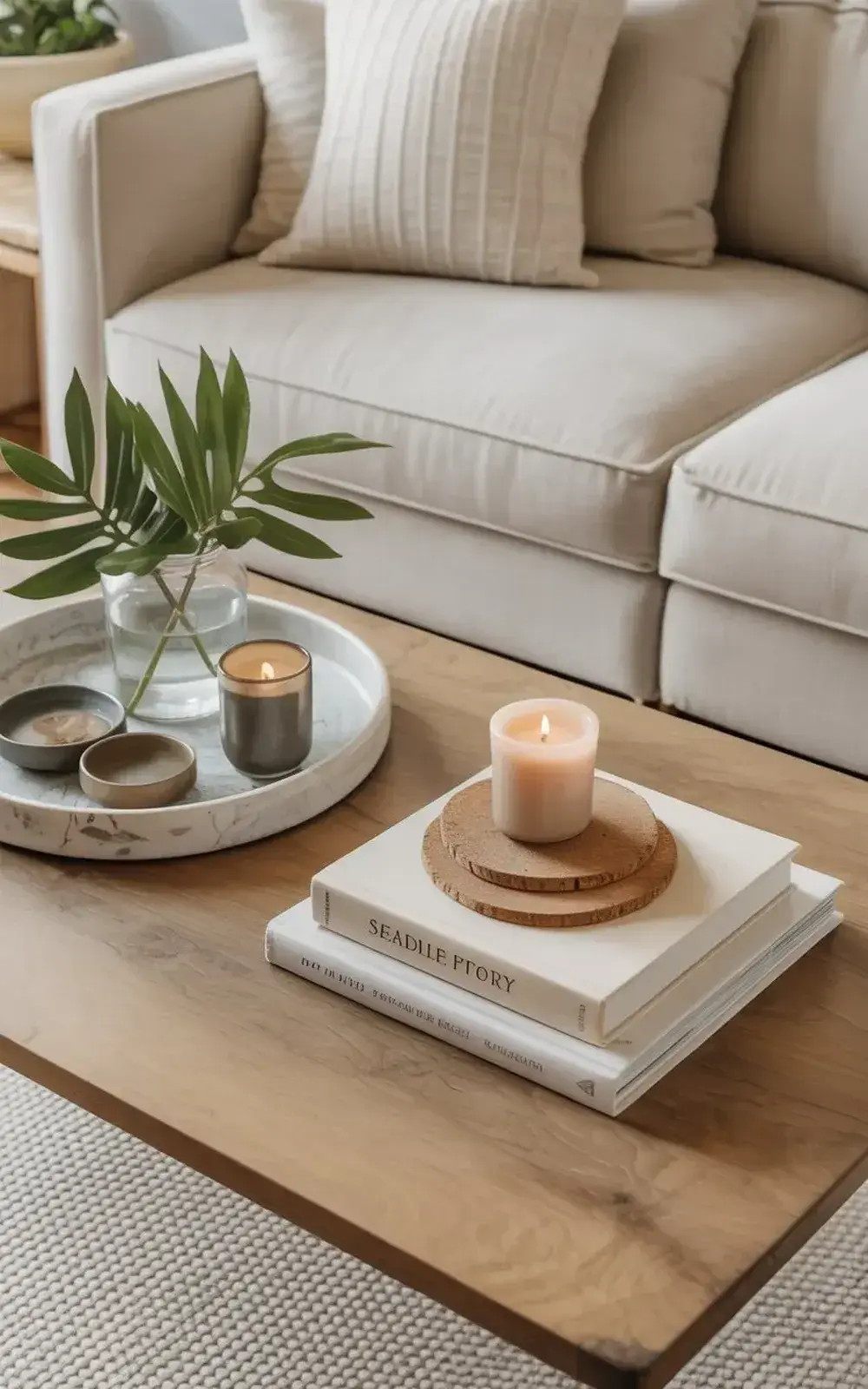 Cozy living room with white sofa, wooden coffee table, books, lit and unlit candles, and a green plant on a decorative tray.