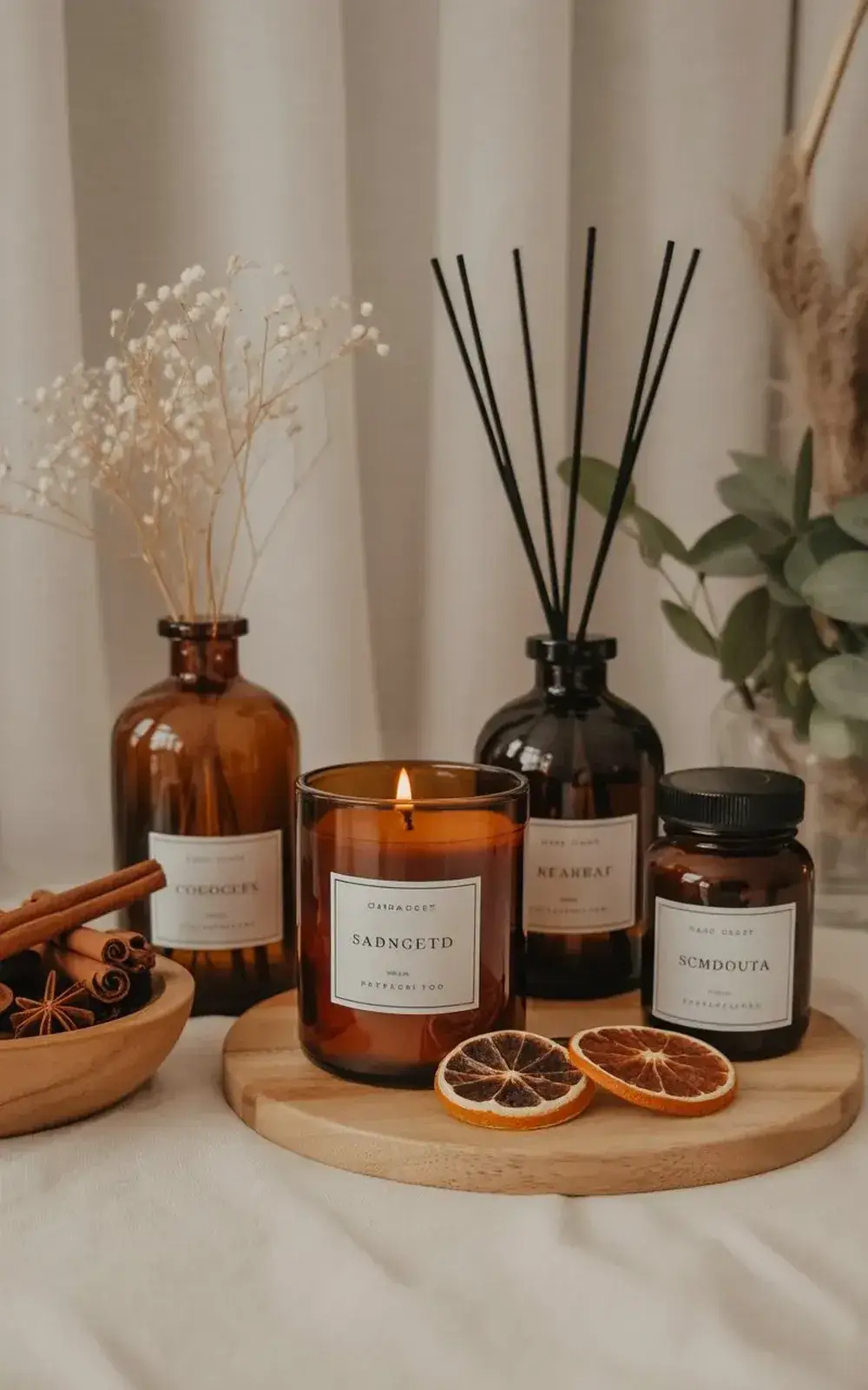 Aromatic candle with natural decor items, including dried citrus slices and cinnamon sticks. Various decorative bottles and plant elements.