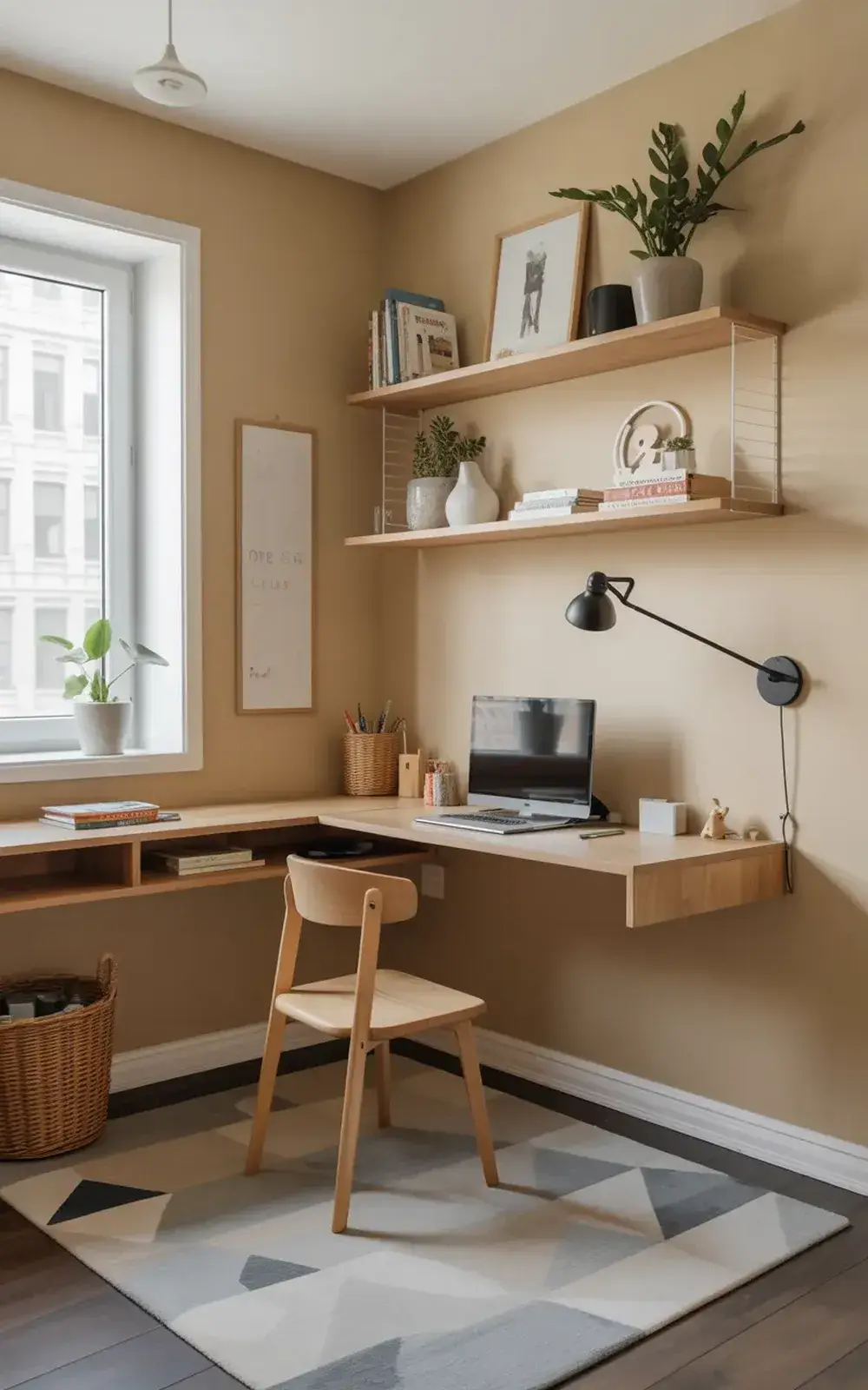 Neat corner office space with desk, chair, shelves, and decorative plants.
