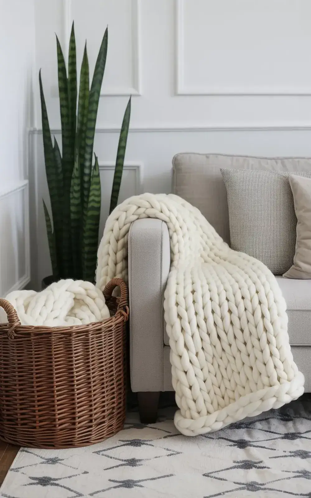 Living room with a gray armchair, knitted blanket, woven basket, and snake plant.