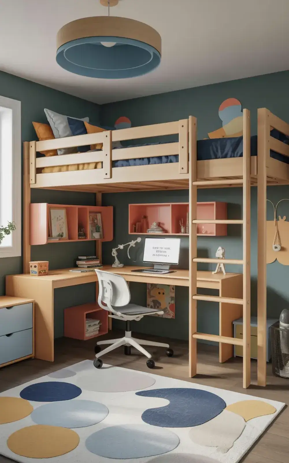 A light-filled child's bedroom with two bunk beds, a desk with a computer, shelves, and a colorful patterned rug.