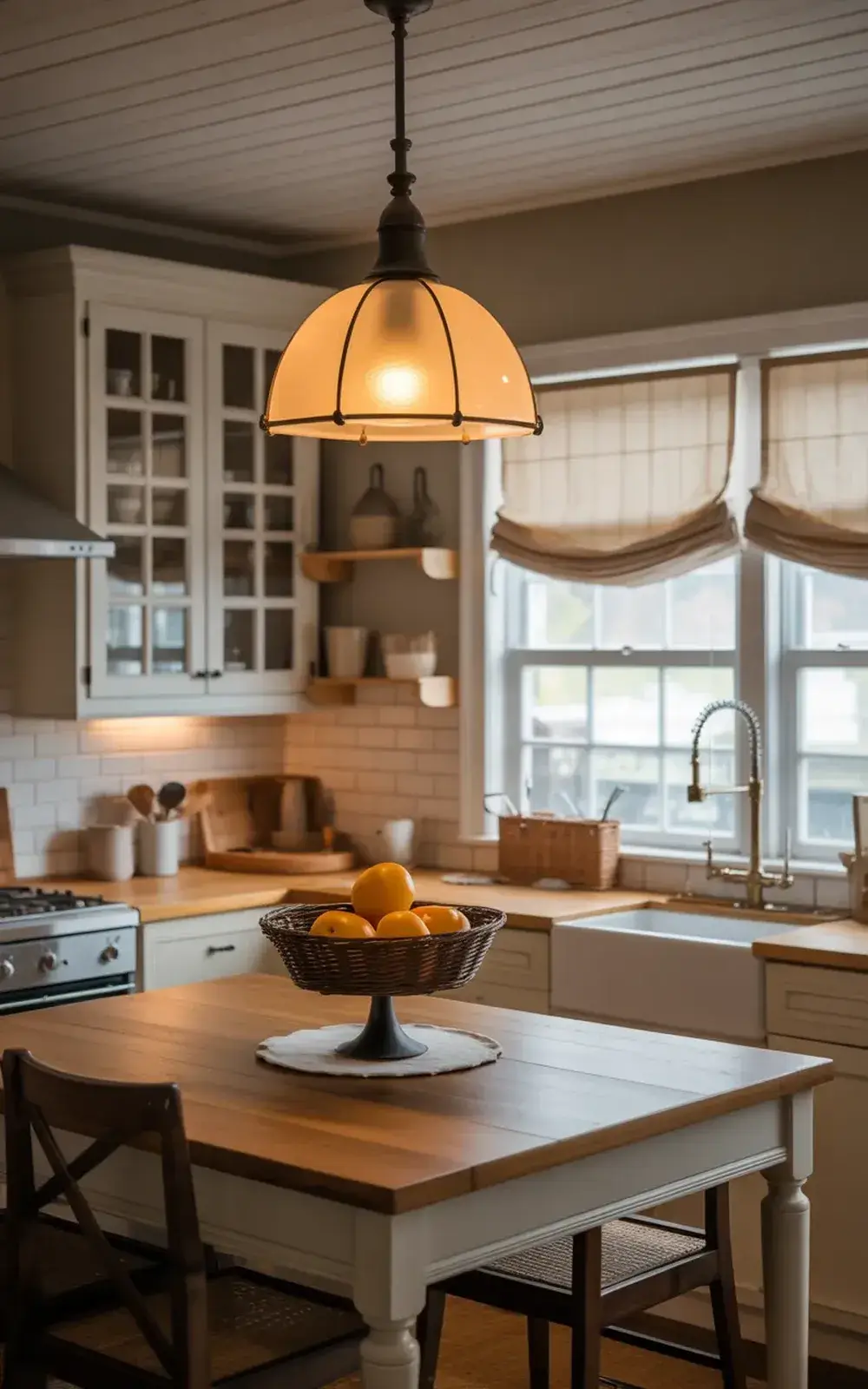 Warmly lit kitchen with wooden island, oranges in a bowl, and white cabinets.
