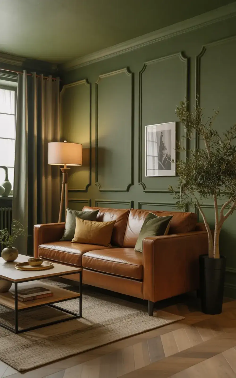 Cozy living room with brown leather sofa, side lamp, coffee table, and potted plant.