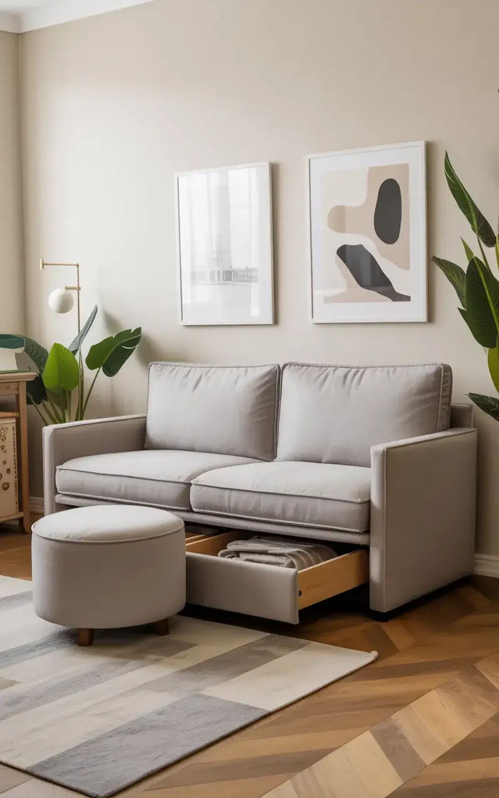 A light gray sectional sofa in a living room with two framed prints and a storage ottoman.