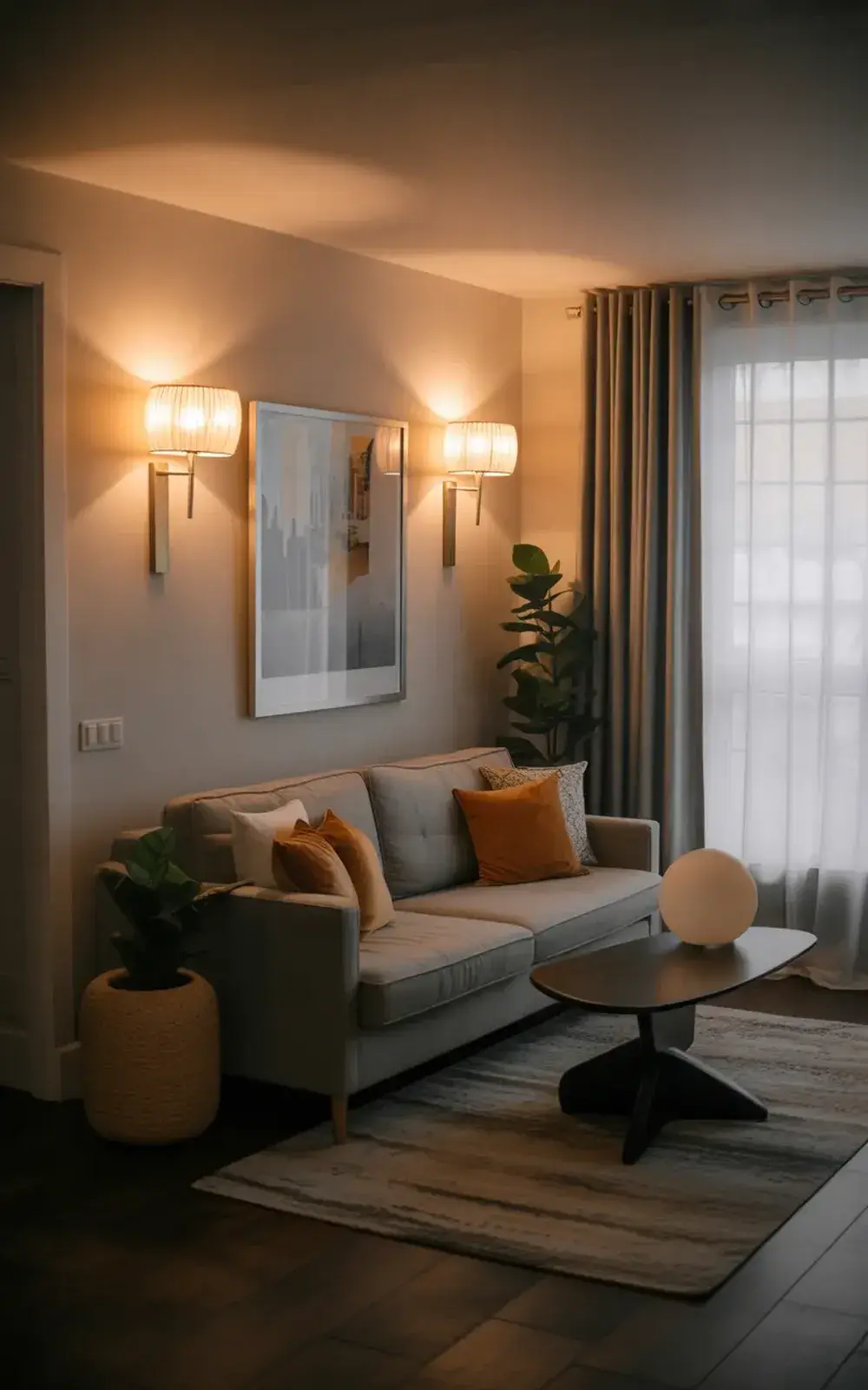 Living room with sofa, plants, and warm lighting.