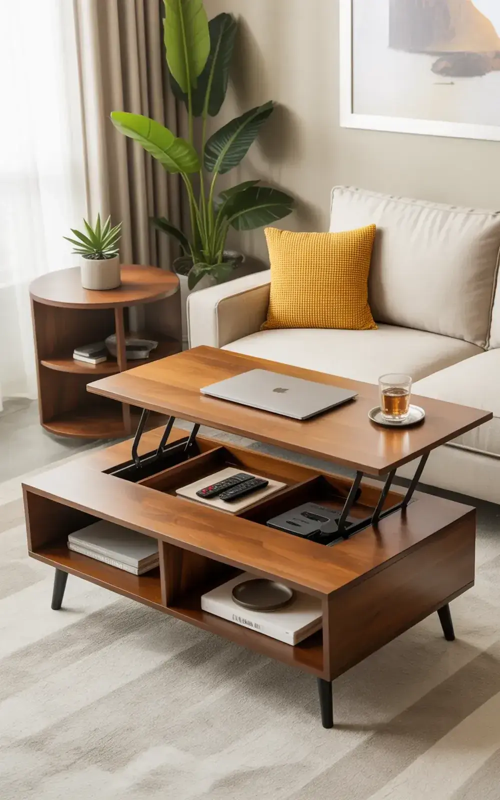 Living room with a dual-level coffee table, sofa, and potted plants near a window.
