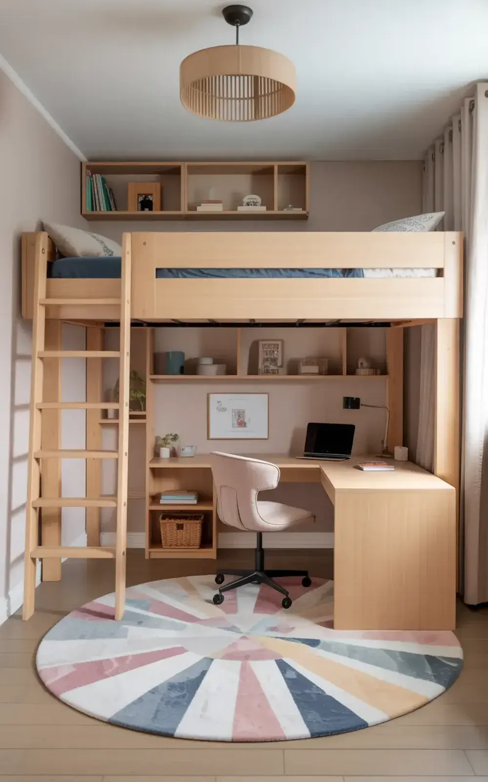 Modern wooden loft bed with integrated desk, chair, and shelving unit.